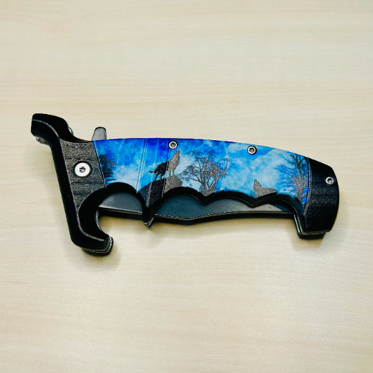 ElitEdge 9” Blue Moon Wolf Cute Tactical Spring Assisted Open Blade Folding Pocket knife with 3D Print Wolf Handle