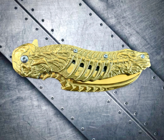 Gold Skull Sculpt 8.5” Spring Assisted Folding Pocket Knife EDC Sharp Blade