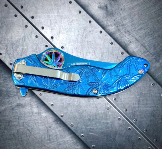 Falcon Knife Luxury Blue Leaf Engraved 7.5” Spring Assisted Folding Pocket Knife