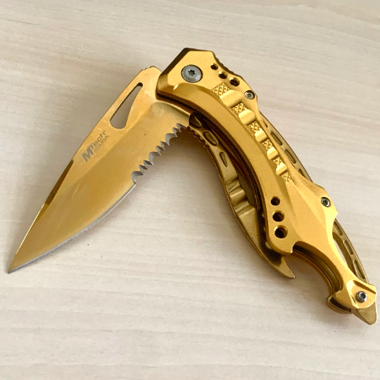 MTech 8.25” Gold Tactical Spring Assisted Open Blade Folding Pocket knife with Bottle Opener