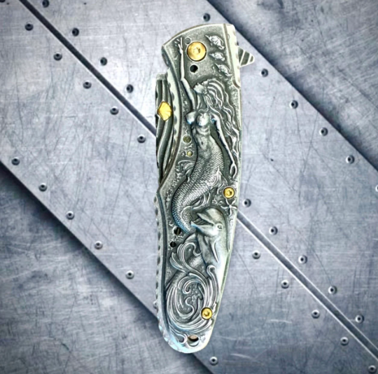 Falcon Knife Mermaid Knife with Dolphin and Waves 3D Carve. Stonewashed