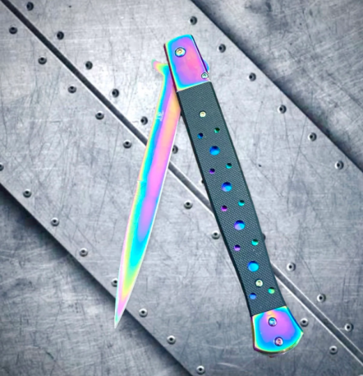 9 LIMITED EDITION RAINBOW STILETTO SPRING ASSISTED FOLDING POCKET KNIFE  open