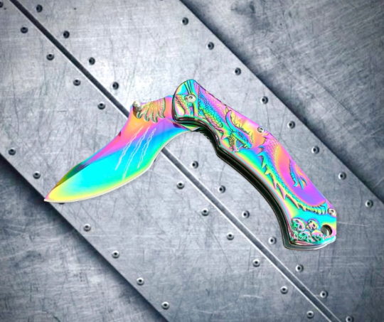 Falcon Knife Rainbow Dragon 3D Sculpture Tactical Spring Assisted Folding Pocket Knife