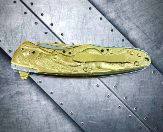 Falcon Knife Mermaid Knife with Dolphin and Waves 3D Carve. Gold