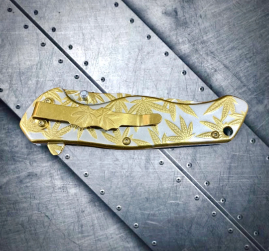 Falcon Knife 8” Gold Leaf Engraved Tactical Assisted Folding Pocket Knife. Camping, Hunting