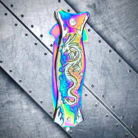 Falcon Knife Rainbow Dragon Sculptured Tactical Spring Assisted Open Blade Folding Pocket knife. Hunting, Camping, Survival Knife