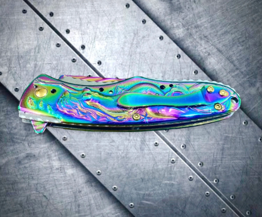 Falcon Knife Mermaid Knife with Dolphin and Waves 3D Carve. Rainbow