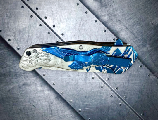 Falcon Knife 8.25” Blue Eagle Carving Metal Handle Spring Assisted Open Folding Knife