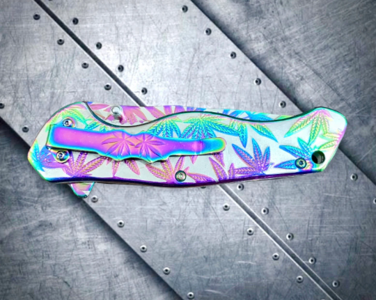 Falcon Knife 8” Rainbow Leaf Engraved Tactical Assisted Folding Pocket Knife. Camping, Hunting