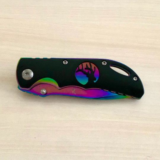 Elk Ridge Classic 6.5” Rainbow Cute Knife Manual Open Blade Folding Pocket Knife with Elk Engraved Handle