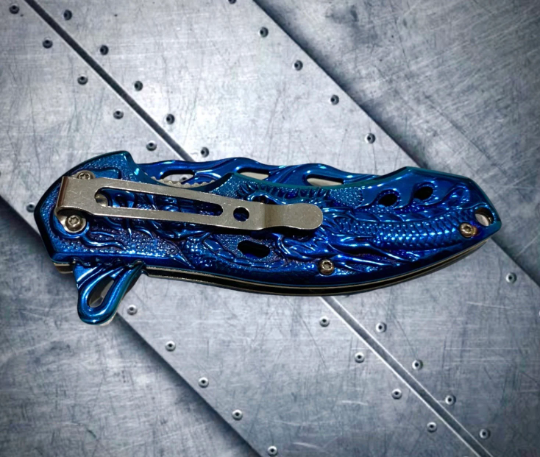 Falcon Knife Dragon Knife Blue Coated Sculpture 8” Tactical Spring Assisted Open EDC Blade Folding Pocket knife