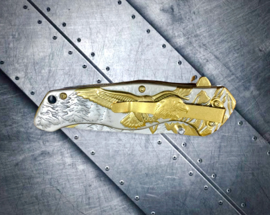 Falcon Knife 8.25” Gold Eagle Carving Metal Handle Spring Assisted Open Folding Knife