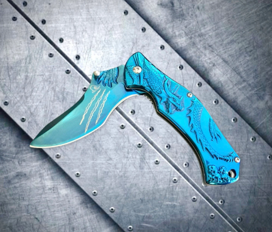 Falcon Knife Blue Dragon 3D Sculpture Tactical Spring Assisted Folding Pocket Knife