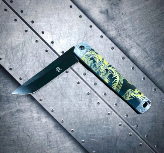 Falcon Knife Gold Dragon 3D Print 8” Katana Tactical Spring Assisted Folding Pocket knife