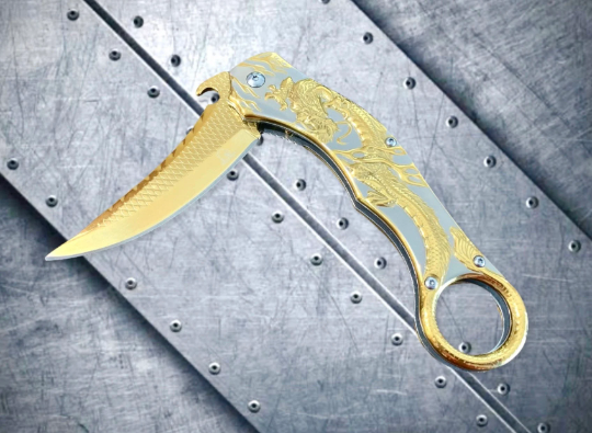 Falcon Knife Gold Dragon Sculpture 9” Karambit Tactical Spring Assisted Folding Pocket Knife