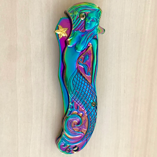 MTech 8.75” Cute Rainbow Mermaid Knife Assisted Folding Pocket Knife with Gold Starfish and Sea Horse