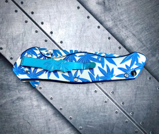 Falcon Knife 8” Blue Leaf Engraved Tactical Assisted Folding Pocket Knife. Camping, Hunting