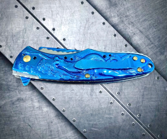 Falcon Knife Mermaid Knife with Dolphin and Waves 3D Carve. Blue