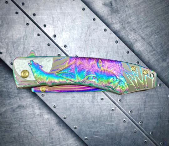 Falcon Knife Rainbow Wolf Engraved 8.5” Tactical Spring Assisted Folding Pocket knife