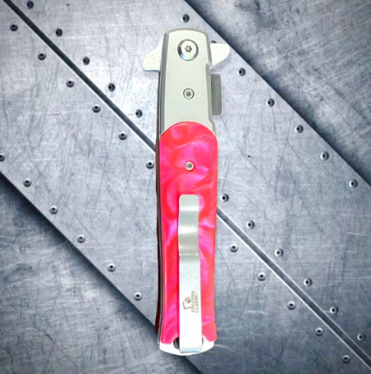 Falcon Knife Pink Classic Italian Milano Spring Assisted Open Blade EDC Folding Stiletto Pocket Knife.