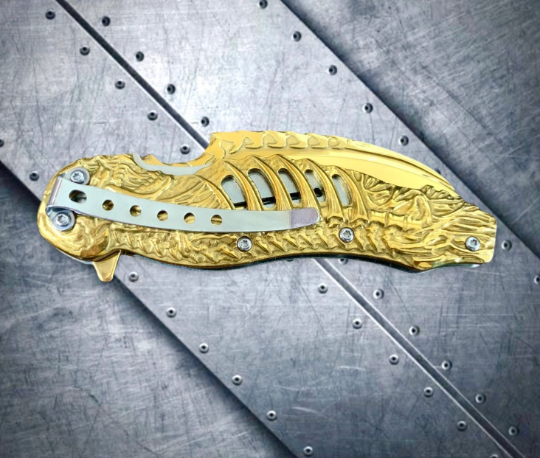 Gold Skull Sculpt 8.5” Spring Assisted Folding Pocket Knife EDC Sharp Blade