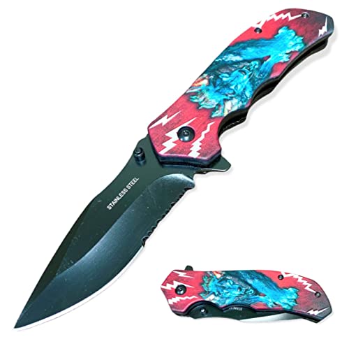 8" Wolf 3D Print Pocket Folding Knife Super Knife