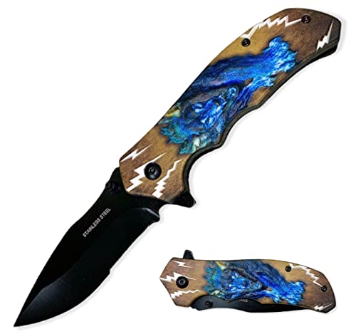 8" Blue Thunder Wolf 3D Print Pocket Folding Knife