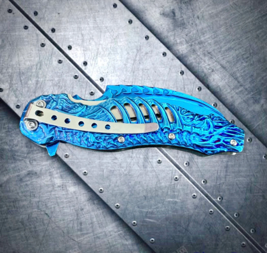 Blue Skull Sculpt 8.5” Spring Assisted Folding Pocket Knife EDC Sharp Blade