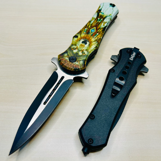 ElitEdge 8.25” 3D Print Wolf Cute Tactical Spring Assisted Open Blade Folding Pocket knife