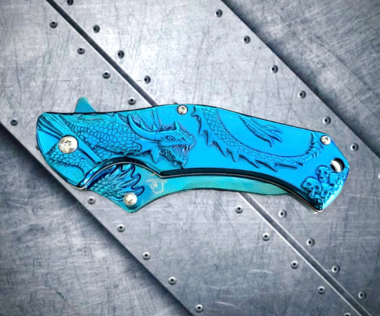 Falcon Knife Blue Dragon 3D Sculpture Tactical Spring Assisted Folding Pocket Knife