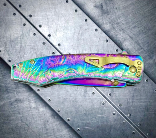 Falcon Knife Rainbow Wolf Engraved 8.5” Tactical Spring Assisted Folding Pocket knife