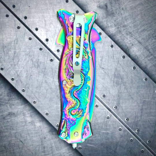 Falcon Knife Rainbow Dragon Sculptured Tactical Spring Assisted Open Blade Folding Pocket knife. Hunting, Camping, Survival Knife