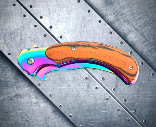 Falcon Knife Rainbow Wooden Karambit Tactical Spring Assisted Folding Pocket Knife