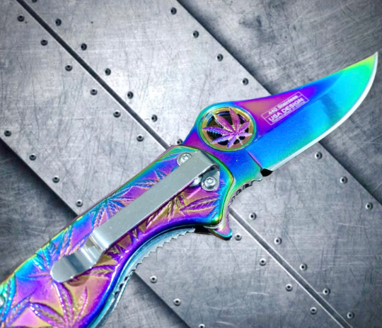 Falcon Knife Luxury Rainbow Leaf Engraved 7.5” Spring Assisted Folding Pocket Knife