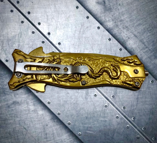 Falcon Knife Gold Dragon Sculptured Tactical Spring Assisted Open Blade Folding Pocket knife. Hunting, Camping, Survival Knife