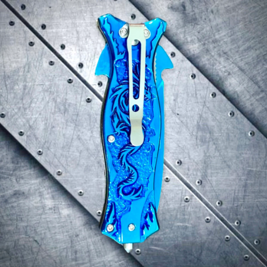 Falcon Knife Blue Dragon Sculptured Tactical Spring Assisted Open Blade Folding Pocket knife. Hunting, Camping, Survival Knife