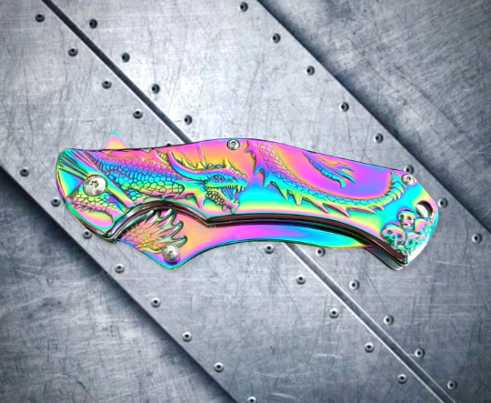 Falcon Knife Rainbow Dragon 3D Sculpture Tactical Spring Assisted Folding Pocket Knife