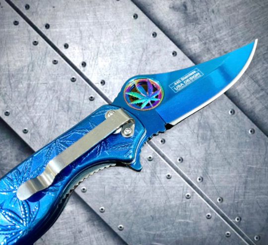 Falcon Knife Luxury Blue Leaf Engraved 7.5” Spring Assisted Folding Pocket Knife