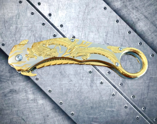 Falcon Knife Gold Dragon Sculpture 9” Karambit Tactical Spring Assisted Folding Pocket Knife