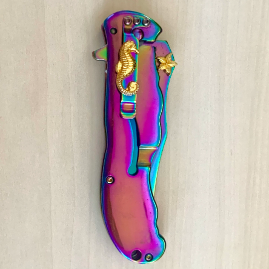 MTech 8.75” Cute Rainbow Mermaid Knife Assisted Folding Pocket Knife with Gold Starfish and Sea Horse