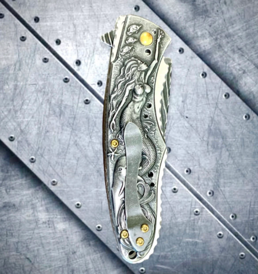 Falcon Knife Mermaid Knife with Dolphin and Waves 3D Carve. Stonewashed