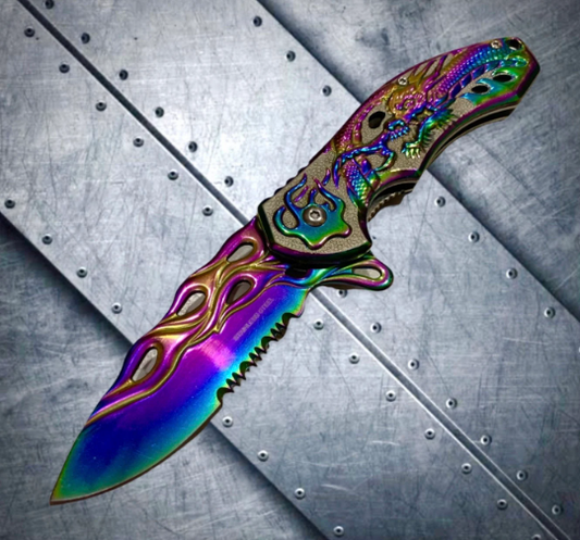 Falcon Knife Dragon Knife Rainbow Coated Sculpture 8” Tactical Spring Assisted Open EDC Blade Folding Pocket knife