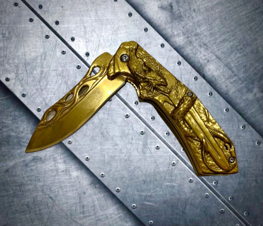 Gold 8” 3D Dragon Tactical Spring Assisted Open Blade Folding Pocket Knife