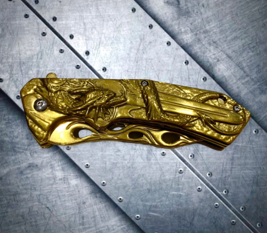 Gold 8” 3D Dragon Tactical Spring Assisted Open Blade Folding Pocket Knife