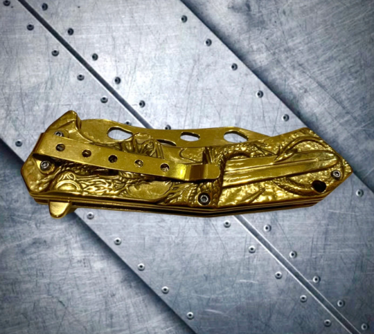 Gold 8” 3D Dragon Tactical Spring Assisted Open Blade Folding Pocket Knife