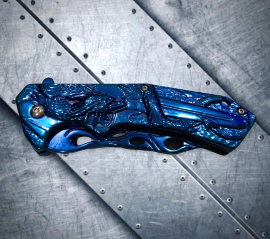 Blue 8” 3D Dragon Tactical Spring Assisted Open Blade Folding Pocket Knife