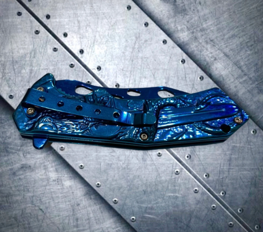 Blue 8” 3D Dragon Tactical Spring Assisted Open Blade Folding Pocket Knife