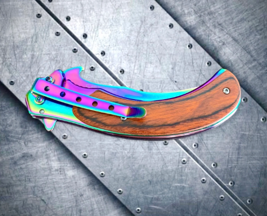 Falcon Knife Rainbow Wooden Karambit Tactical Spring Assisted Folding Pocket Knife