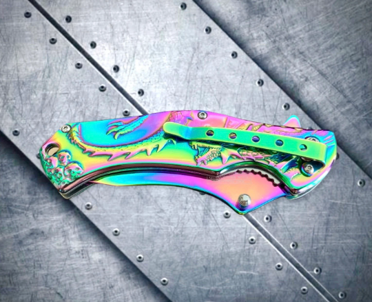 Falcon Knife Rainbow Dragon 3D Sculpture Tactical Spring Assisted Folding Pocket Knife