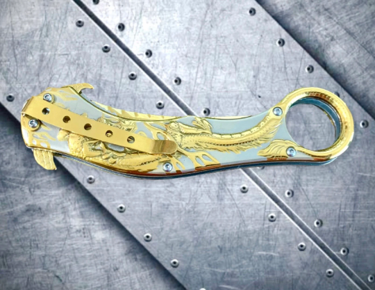 Falcon Knife Gold Dragon Sculpture 9” Karambit Tactical Spring Assisted Folding Pocket Knife